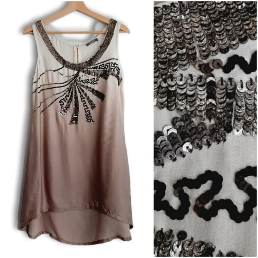 SOUTH Sequins Dip-Dye Silky Tunic Tank High Low Hem Top Cream & Tan Sz M Flawed